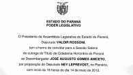 Irmão José Augusto Gomes Aniceto recebe título de Cidadão Honorário do Pr. A A.:R.:L.:S.: Novos Templários nº 83 sente-se feliz e honrada em convidar a todos os Irmãos da Grande Loja do Paraná para Sessão Solene de outorga de título de “Cidadania...